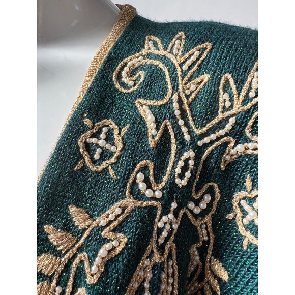 Jaclyn Smith Beaded and Embroidered Cardigan Sweater M Green, Gold Metallic Th - Picture 3 of 16